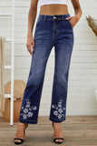 Dark Wash Daisy Print High Waist Flare Jeans