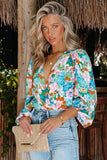 Sky Blue Floral Print Wrap Long Sleeve Bodysuit