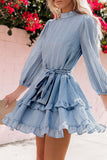 Sky Blue Mock Neck Long Sleeve Textured Ruffle Short Dress