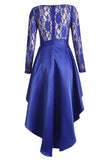 Royal Blue Long Sleeve Lace High Low Satin Prom Dress