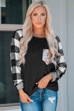 Plaid Splicing Sequined Pocket Long Sleeve Top