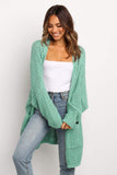 Beige Long Line Open Front Knitted Cardigan with Pockets
