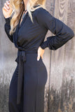 Black V Neck Wrap Waist Tie Long Sleeve Jumpsuit