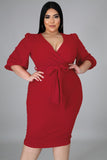 Plus Size Puff Sleeve Wrap V Neck Midi Dress