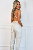Deep V Neck Sleeveless Open Back Sequin Jumpsuit