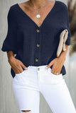 V Neck Button Front Crinkled Blouse