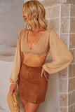 Shirred Open Back Deep V Neck Long Sleeve Crop Top