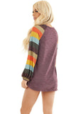 Multicolor Striped Balloon Sleeves Green Knit Top