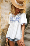 White Casual Tie Front Floral Print Flounce Sleeve Top