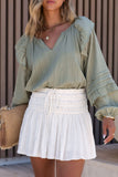 Split V Neck Ruffled Bubble Sleeves Blouse