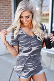 Camouflage Print V Neck Tee with Pocket