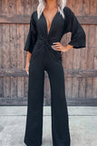 Deep V Neck Twisted Wide Leg Jumpsuit