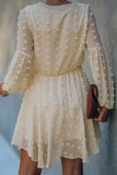Beige Swiss Dot Buttoned Drawstring Long Puff Sleeve Shirt Dress