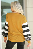 V Neck Leopard Stripe Splice Lantern Sleeve Top