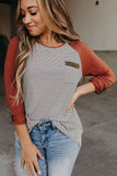Raglan Sleeve Splicing Striped Top with Pocket