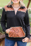 Zipped Turn-down Neck Vintage Floral Accent Pocketed Sweatshirt