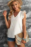 White Ruffled Sleeve V Neck Top