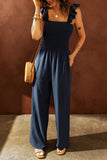 Blue Flutter Sleeve Smocked Wide Leg Jumpsuit