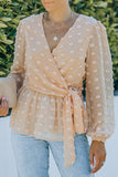 Orange Surplice V Neck Swiss Dot Blouse with Ruffle