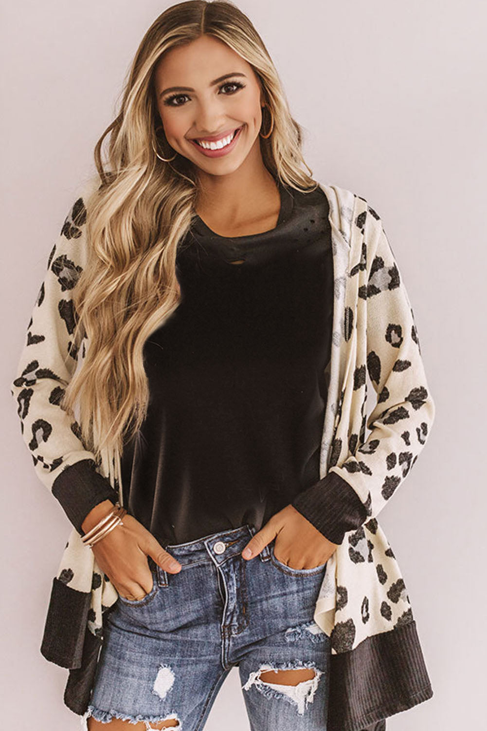 Print Hooded Open Front Cardigan