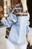 Sky Blue Plaid Patchwork Raw Hem Denim Jacket