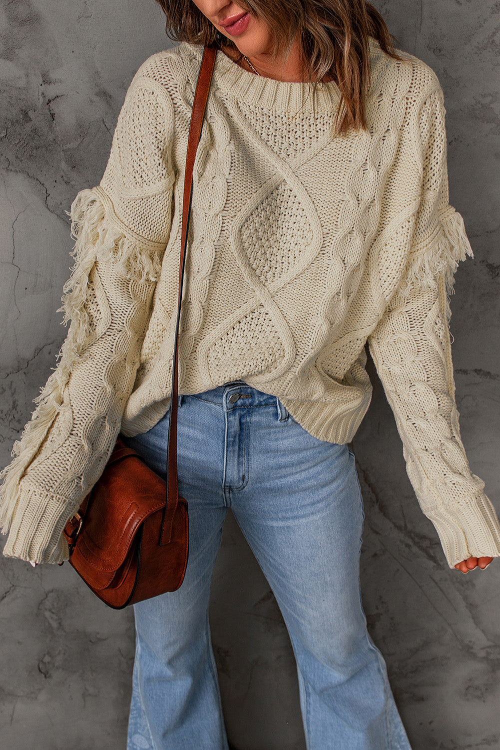 Apricot Cable Knit Fringe Trim Sweater