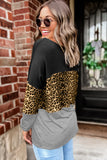 Burgundy Colorblock Leopard Patchwork Long Sleeve Top