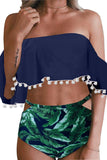 Retro Flounce Tassel Off Shoulder High Waisted Bikini