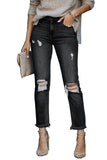 Distressed Raw Hem Button Mid Waist Jeans