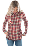 Multicolor Cowl Neck Plaid Drawstring Hoodie with Thumb Hole