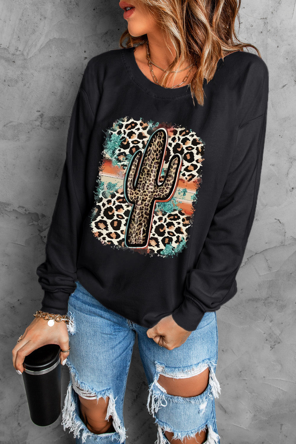 Cactus Leopard Graphic Print Long Sleeve Sweatshirt