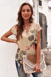Apricot Floral Scalloped V Neck Short Sleeves Top