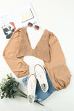 Shirred Open Back Deep V Neck Long Sleeve Crop Top