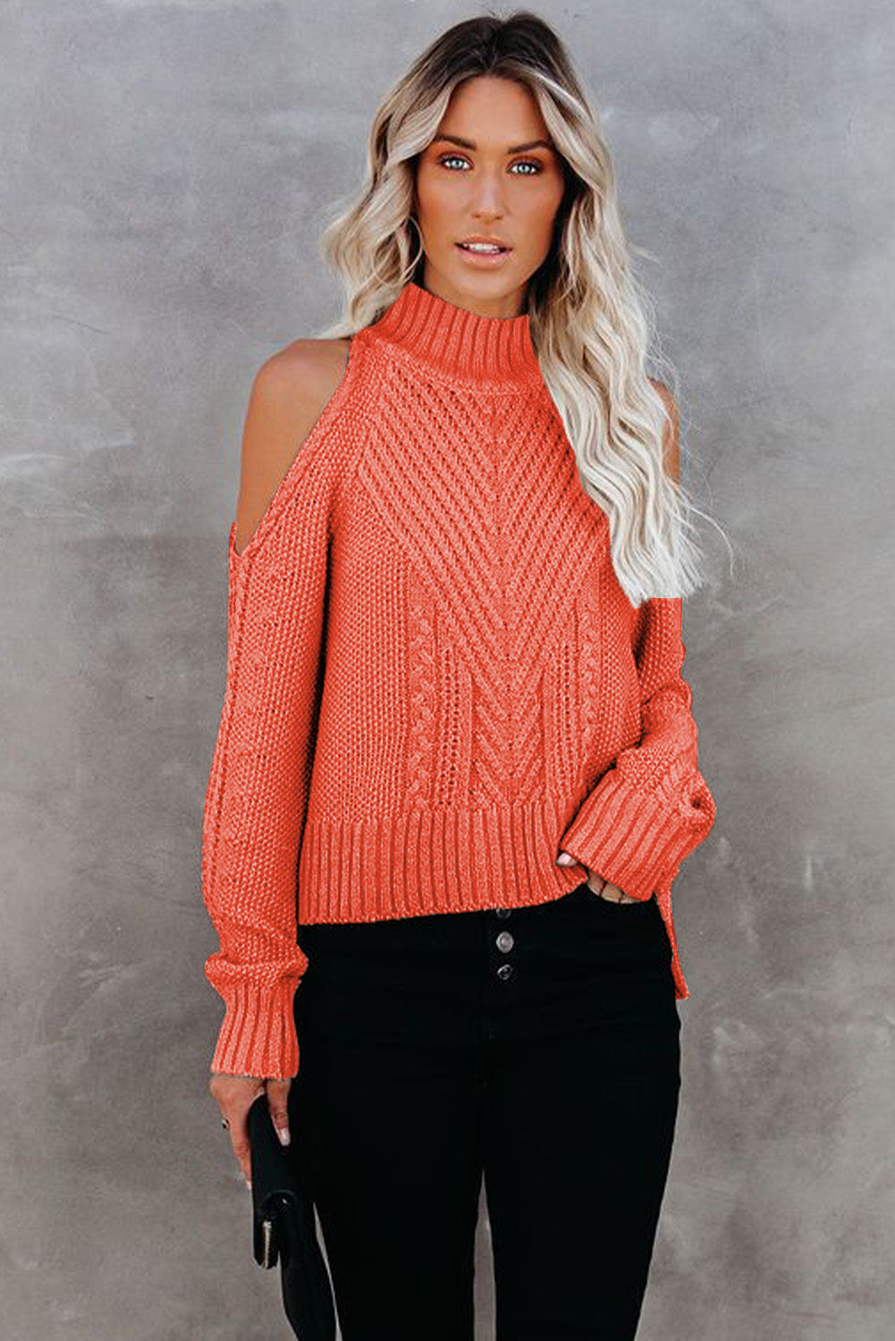 Cold Shoulder High Neck Knitted Sweater