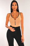 Khaki Ribbed Zipper Tank Bodysuit