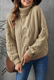 Khaki Solid Turtleneck Cable Knit Pullover Sweater