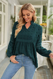 Ruffled Split Neck Lace Hollow Out Puff Sleeve Polka Dot Blouse