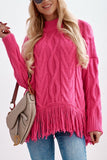 High Neck Cable Knit Tasseled Sweater