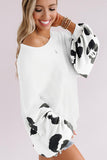 Leopard Splicing Waffle Knit Puff Sleeve Blouse