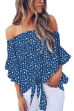 Polka Dot 3/4 Bell Sleeve Off Shoulder Front Tie Knot Top