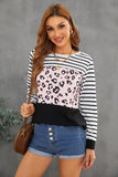 Striped Leopard Color Block Splicing Long Sleeve Top