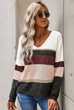 Khaki Casual Color-Block Striped Long Sleeve V Neck Sweater