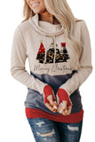 Khaki Christmas Tree Print Hoodie with Thumb Hole