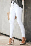 Plain High Waist Buttons Frayed Cropped Denim Jeans