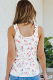 White Ruffle Straps Floral Rib Knit Tank Top