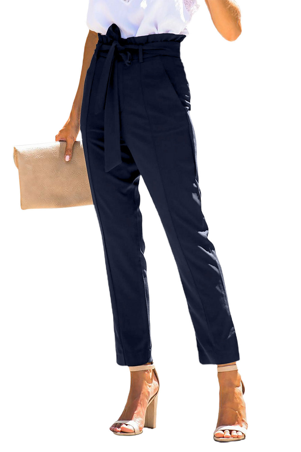 High Waist Pants. Paper Bag Pants. Navy Women Pants. Casual Women