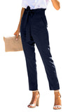 Blue Casual Paperbag Waist Straight Leg Pants with Belt