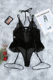 Lace Mesh Contrast Lace-up Straps Teddy Lingerie