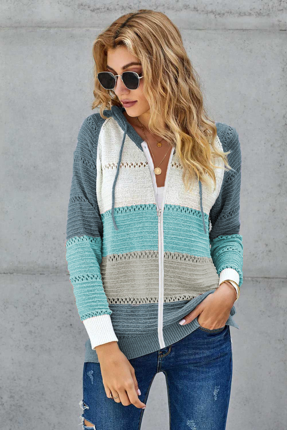 color Zipped Front Colorblock Hollow-out Knit Hoodie