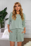 Khaki Crew Neck Short Sleeve Ribbed Lounge Set